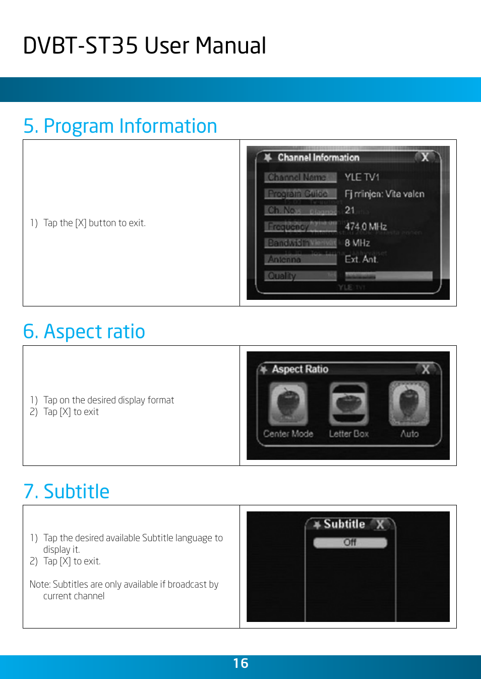 Dvbt-st35 user manual, Program information, Aspect ratio | Subtitle | Laser DVBT-ST35 User Manual | Page 16 / 20