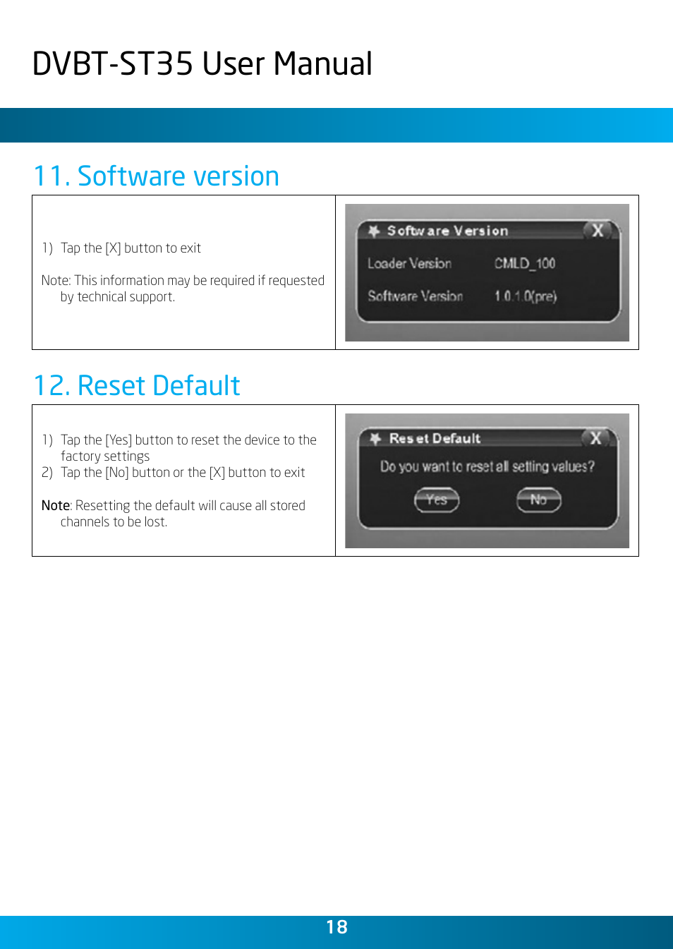 Dvbt-st35 user manual, Software version, Reset default | Laser DVBT-ST35 User Manual | Page 18 / 20