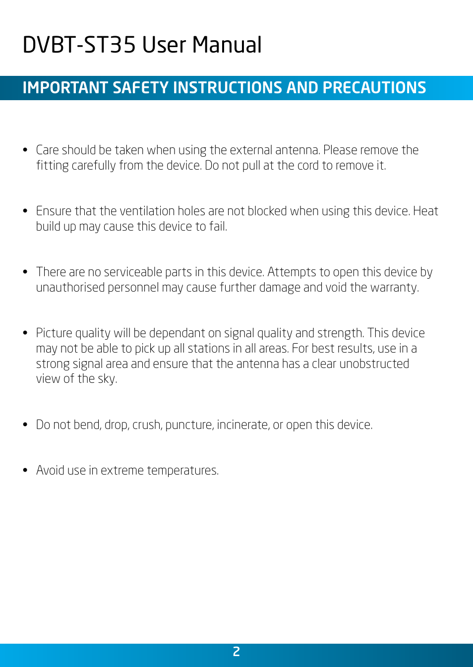 Dvbt-st35 user manual, Important safety instructions and precautions | Laser DVBT-ST35 User Manual | Page 2 / 20