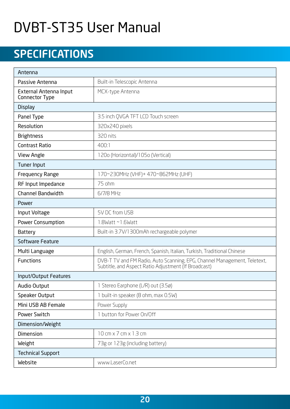 Dvbt-st35 user manual, Specifications | Laser DVBT-ST35 User Manual | Page 20 / 20