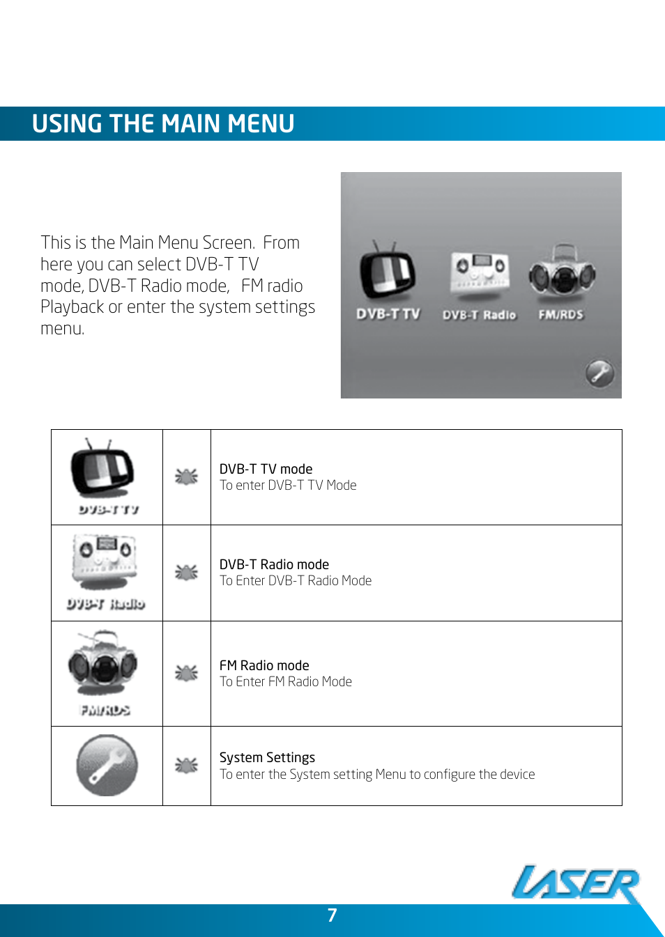Using the main menu | Laser DVBT-ST35 User Manual | Page 7 / 20