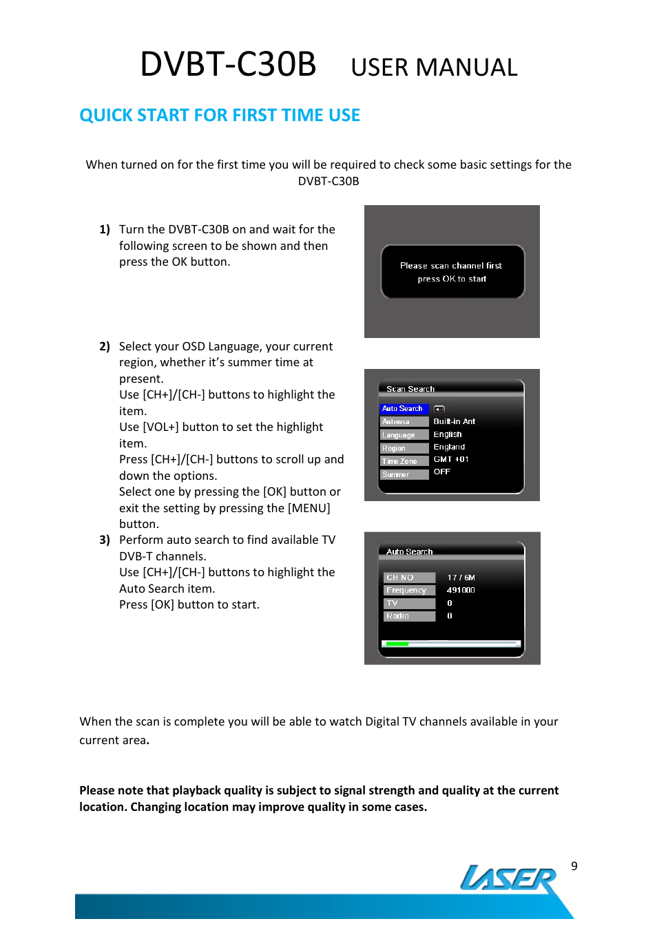 Dvbt-c30b, User manual, Quick start for first time use | Laser DVBT-C30B User Manual | Page 10 / 24