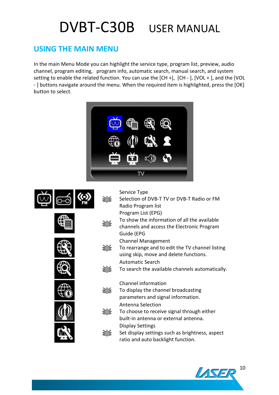 Dvbt-c30b, User manual, Using the main menu | Laser DVBT-C30B User Manual | Page 11 / 24