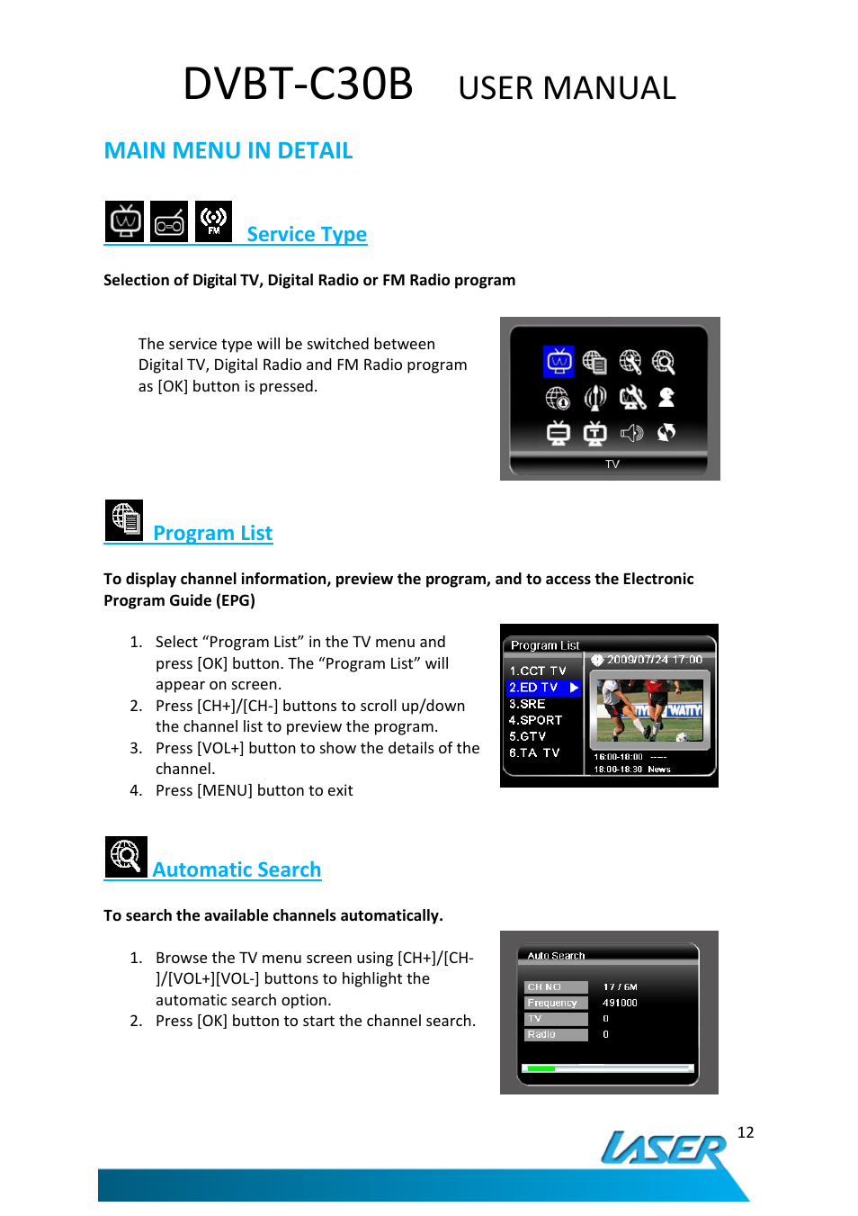 Dvbt-c30b, User manual, Main menu in detail | Service type, Program list, Automatic search | Laser DVBT-C30B User Manual | Page 13 / 24