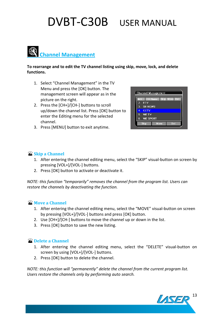 Dvbt-c30b, User manual, Channel management | Laser DVBT-C30B User Manual | Page 14 / 24