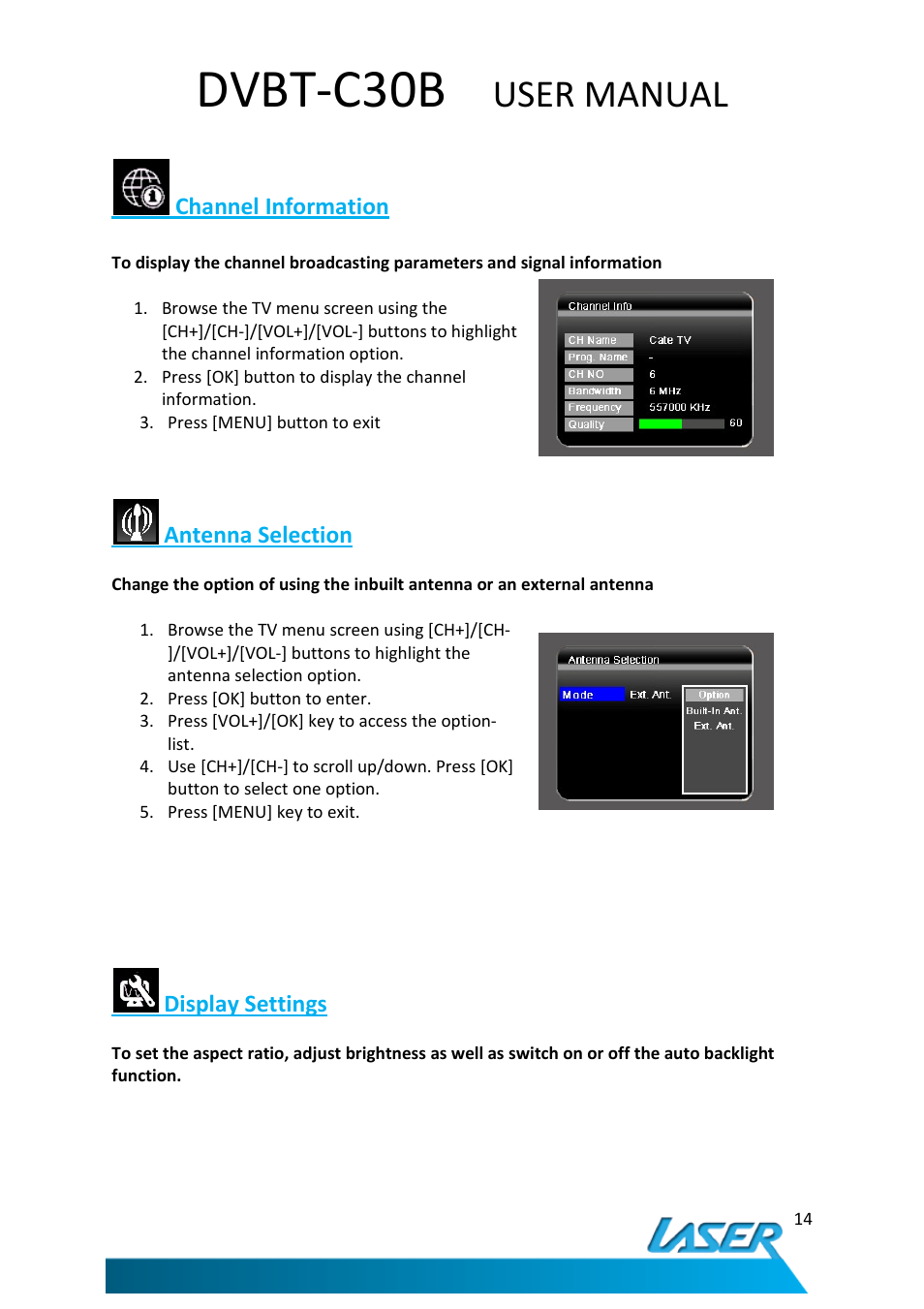 Dvbt-c30b, User manual, Channel information | Antenna selection, Display settings | Laser DVBT-C30B User Manual | Page 15 / 24