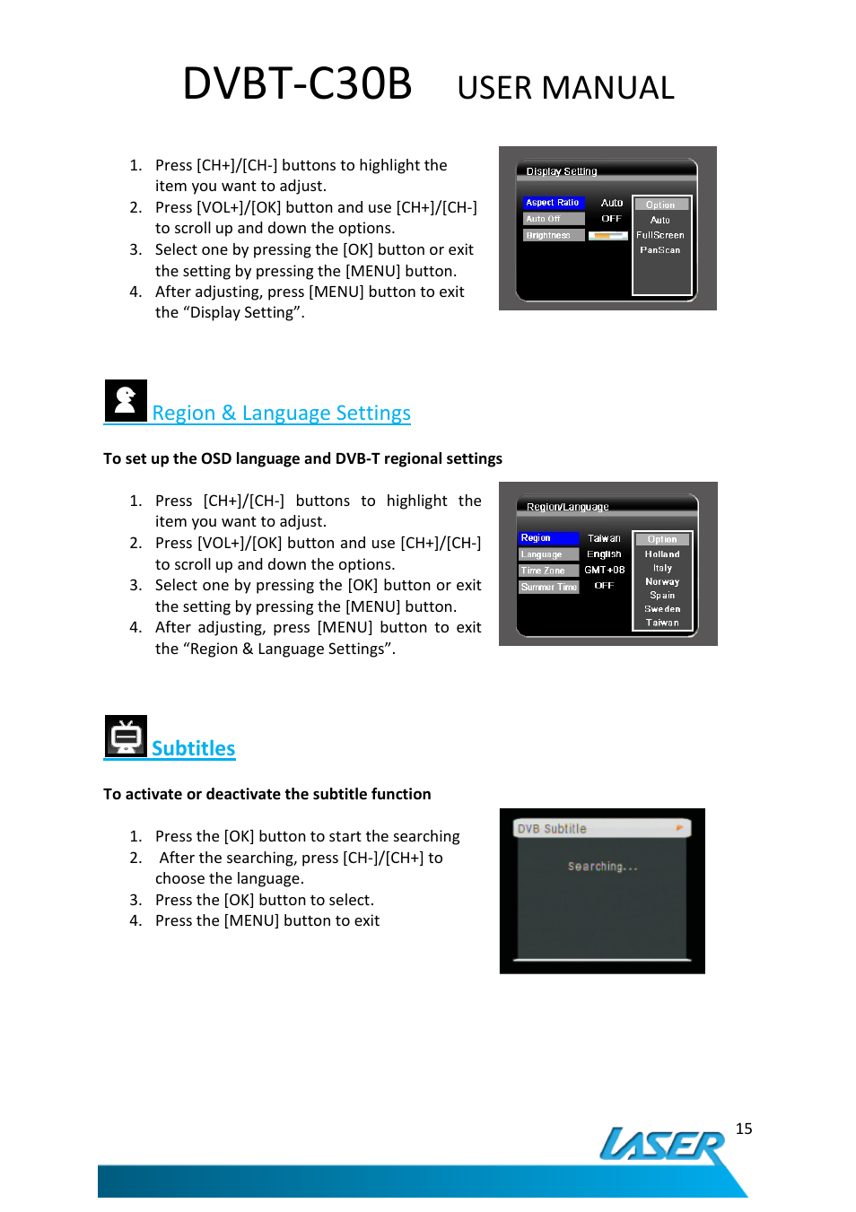 Dvbt-c30b, User manual, Region & language settings | Subtitles | Laser DVBT-C30B User Manual | Page 16 / 24