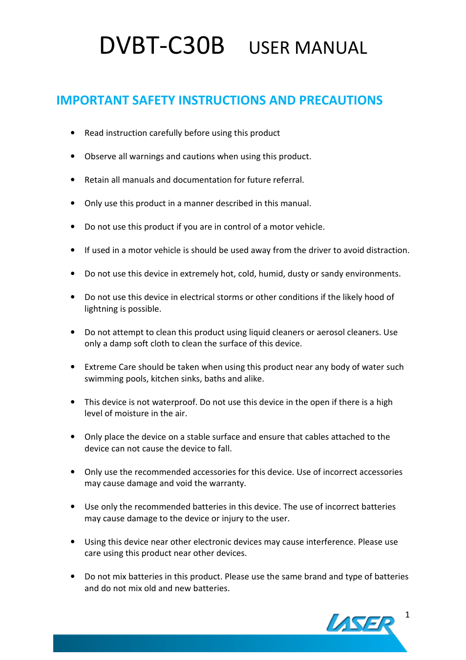 Dvbt-c30b, User manual, Important safety instructions and precautions | Laser DVBT-C30B User Manual | Page 2 / 24