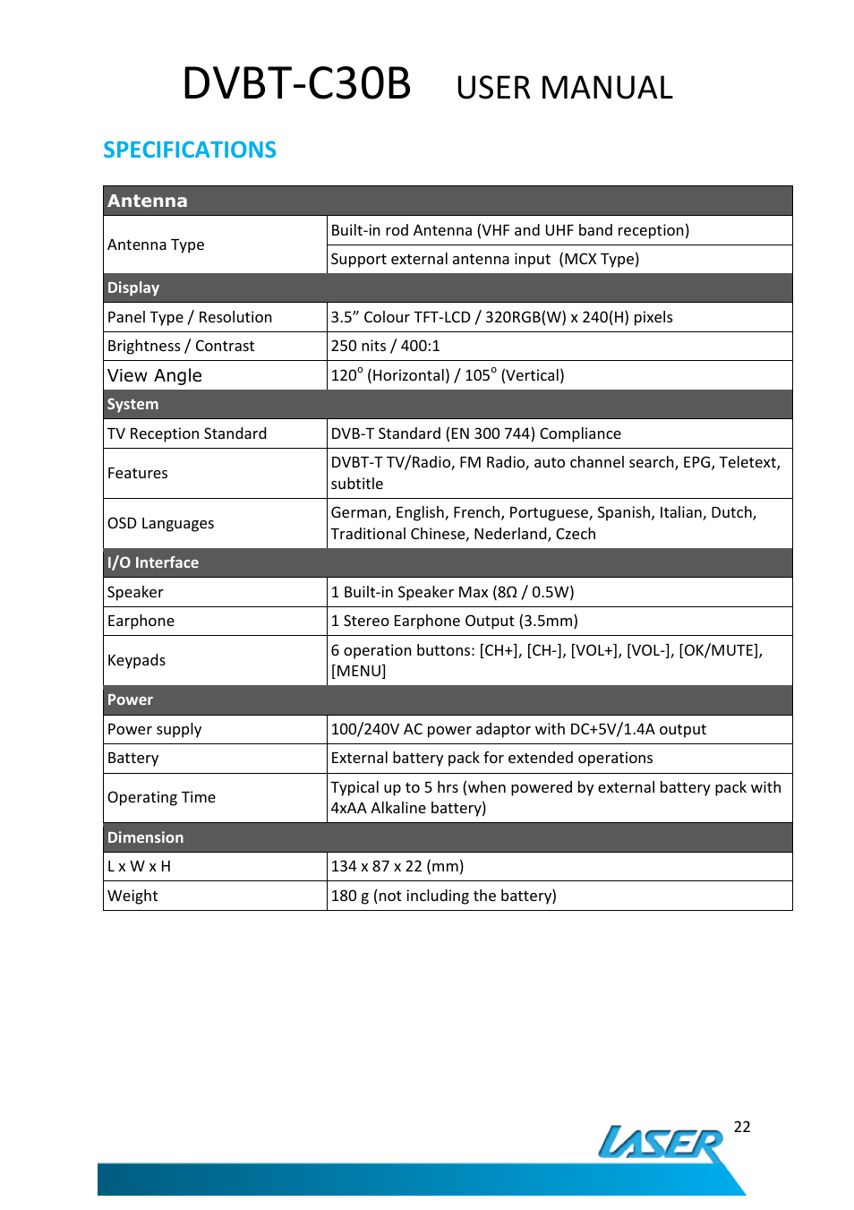Dvbt-c30b, User manual, Specifications | Laser DVBT-C30B User Manual | Page 23 / 24