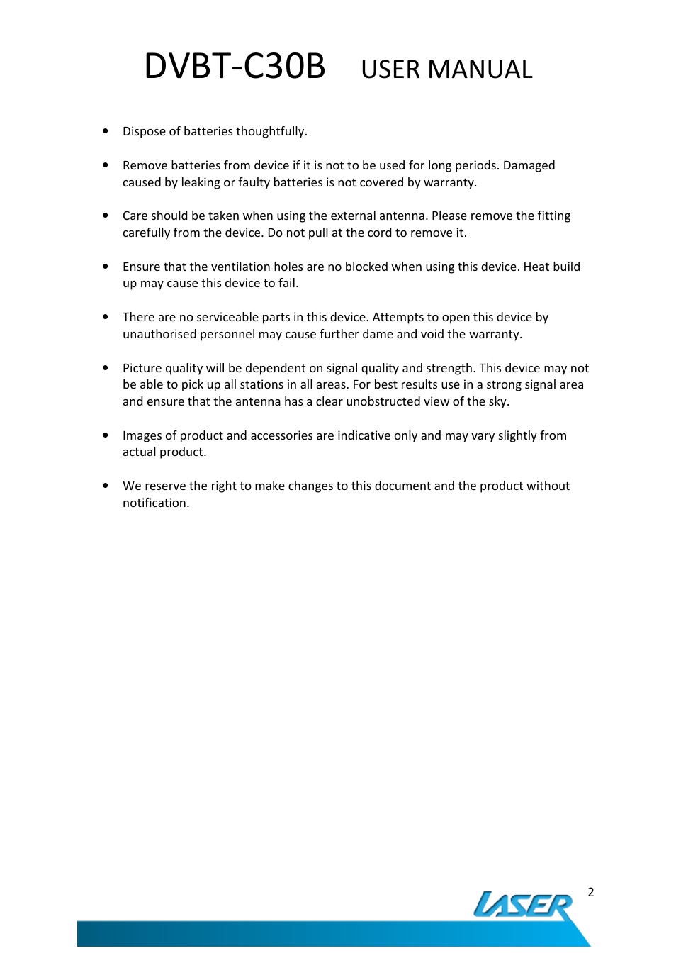 Dvbt-c30b, User manual | Laser DVBT-C30B User Manual | Page 3 / 24
