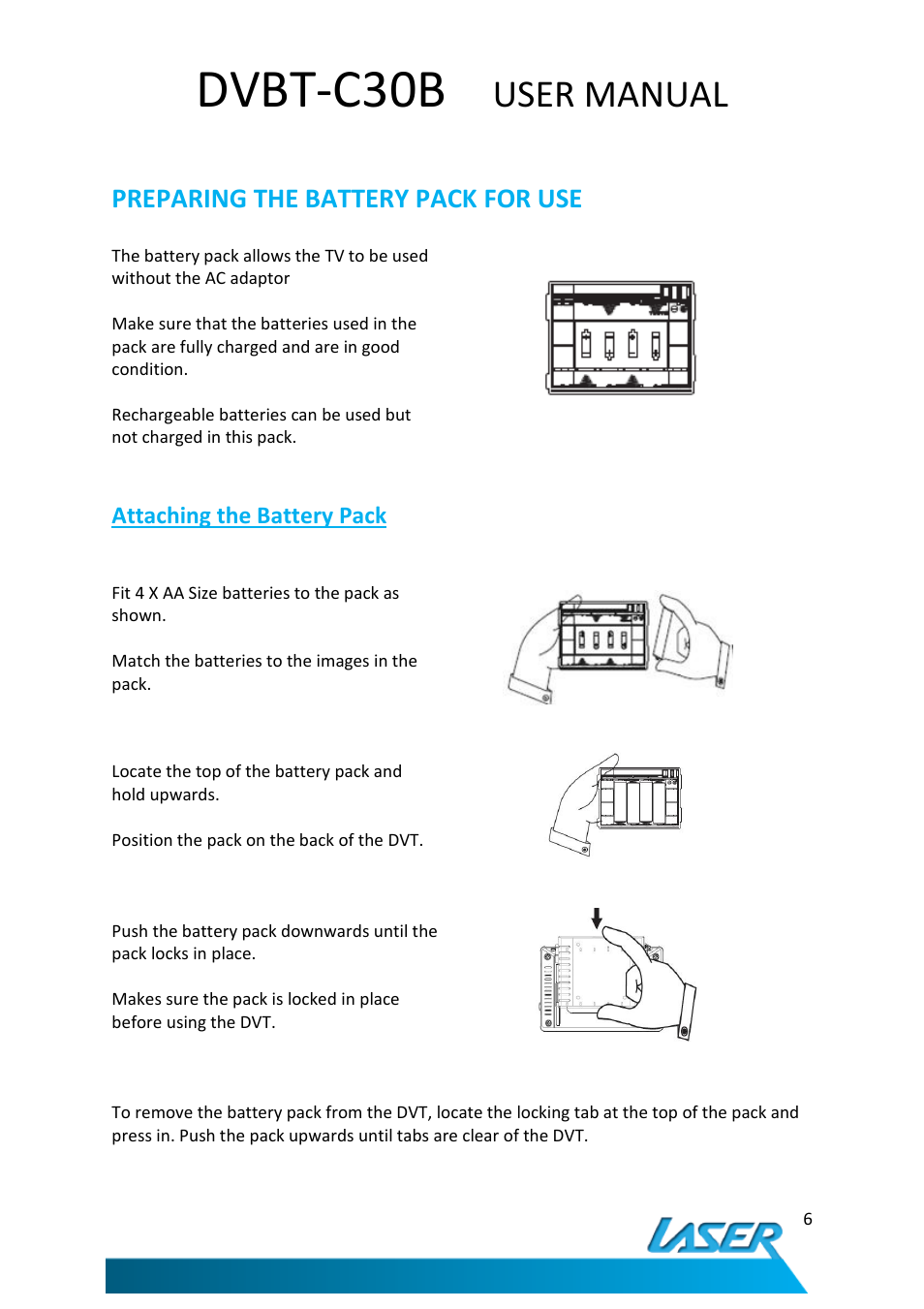 Dvbt-c30b, User manual, Preparing the battery pack for use | Laser DVBT-C30B User Manual | Page 7 / 24