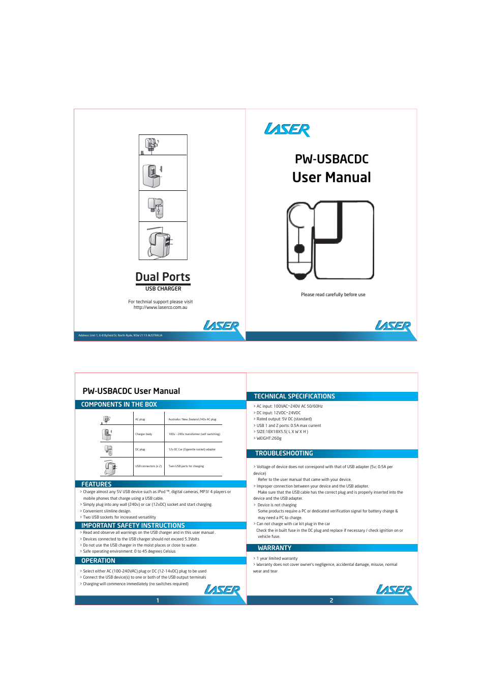 Laser USB CHARGER PW-USBACDC User Manual | 1 page