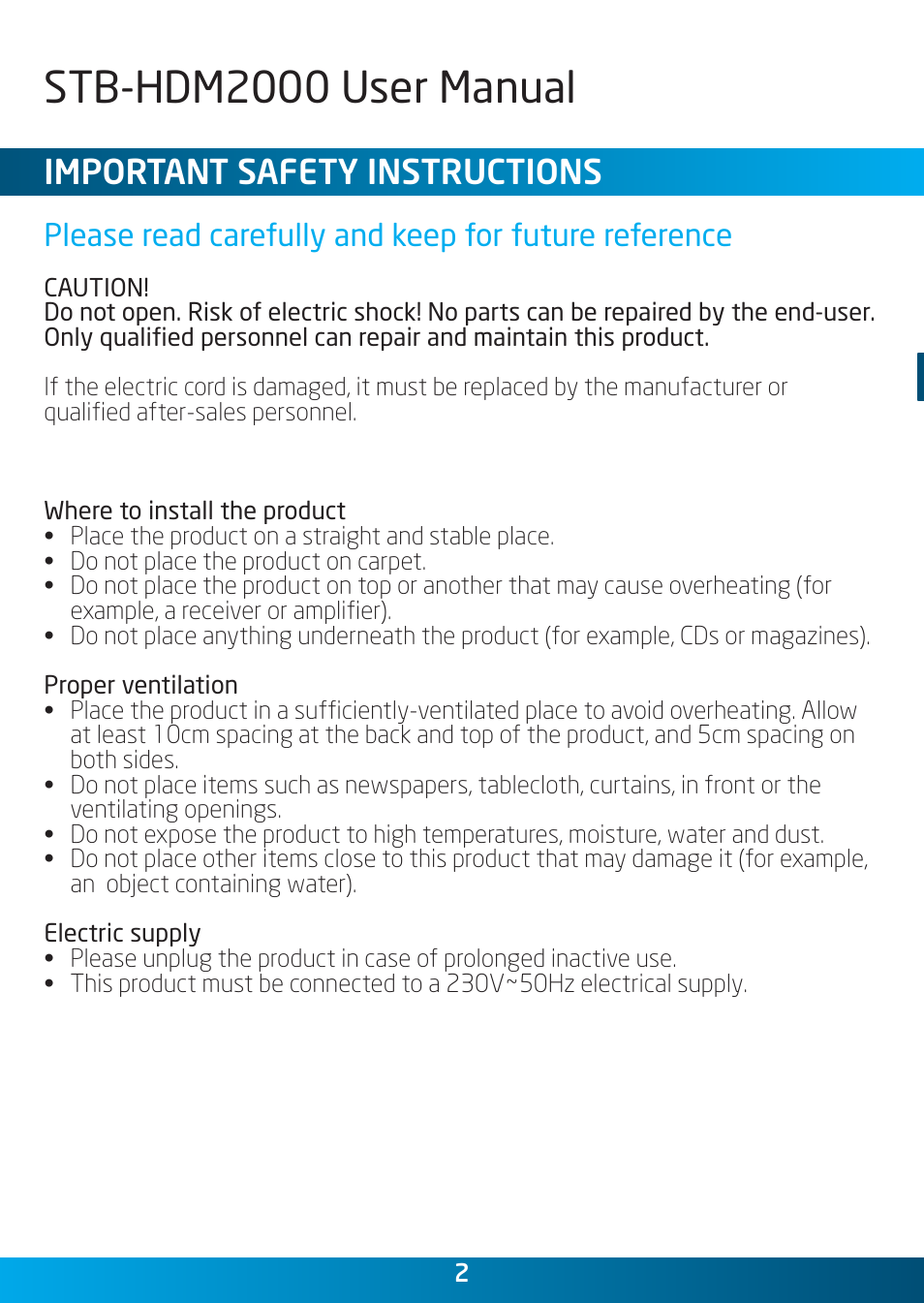 Stb-hdm2000 user manual, Important safety instructions | Laser STB-HDM2000 User Manual | Page 2 / 12