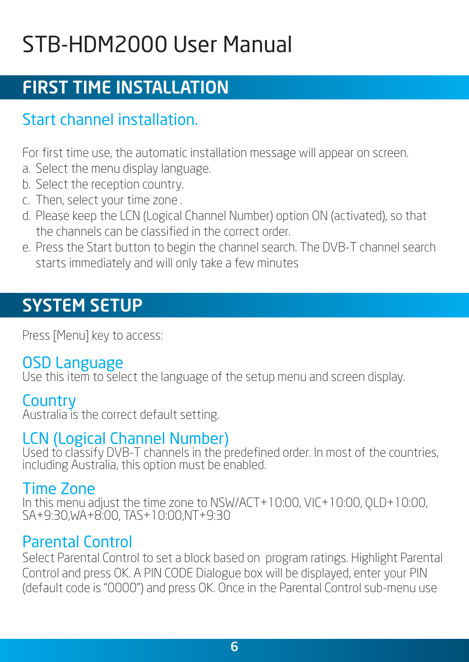 Stb-hdm2000 user manual, First time installation, System setup | Laser STB-HDM2000 User Manual | Page 6 / 12