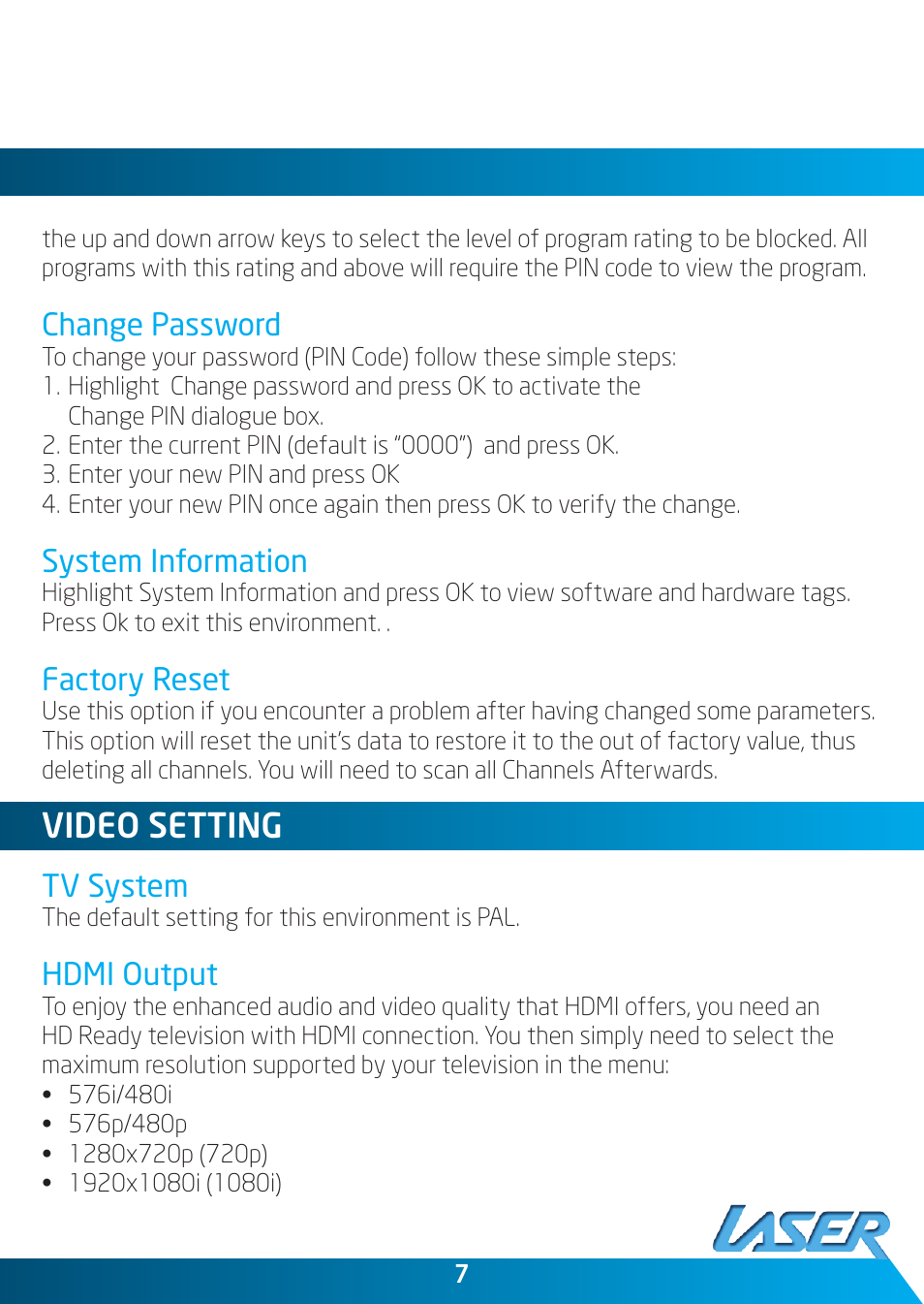 Video setting, Change password, System information | Factory reset, Tv system, Hdmi output | Laser STB-HDM2000 User Manual | Page 7 / 12