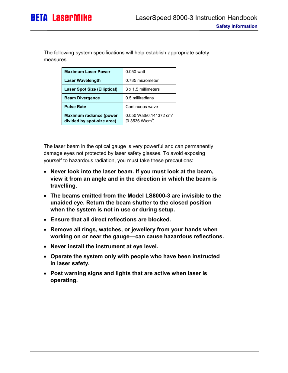 Laser safety precautions | Laser beta lasermike LS8000-3 User Manual | Page 11 / 221