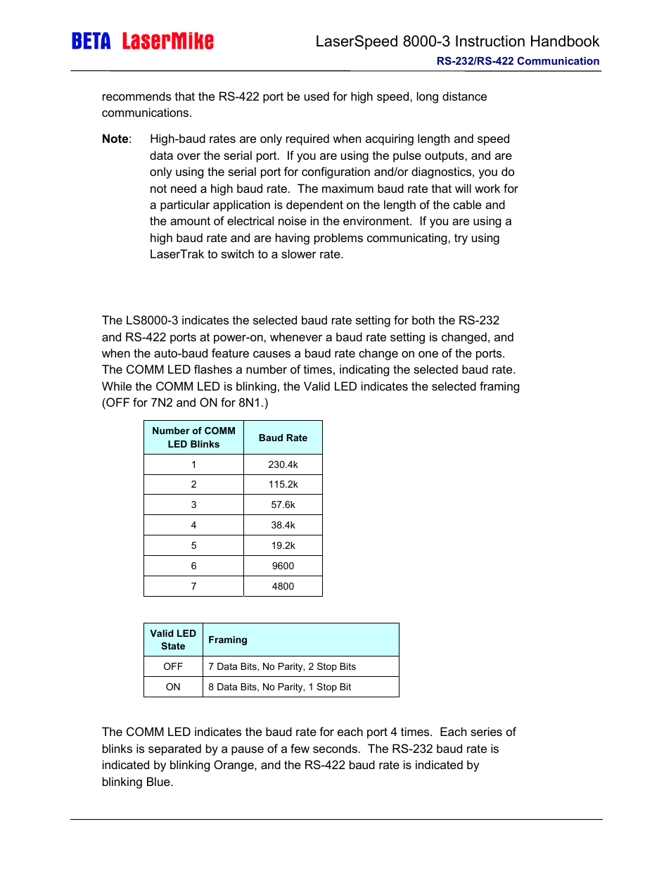 Baud rate indication on power up | Laser beta lasermike LS8000-3 User Manual | Page 123 / 221