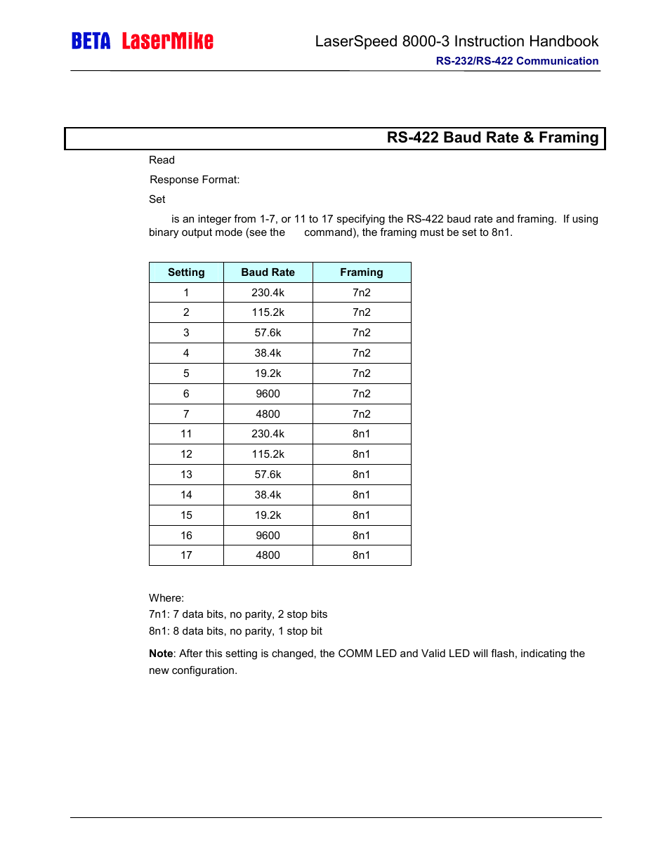 Communication protocol: command descriptions, Rs-422 baud rate & framing | Laser beta lasermike LS8000-3 User Manual | Page 127 / 221