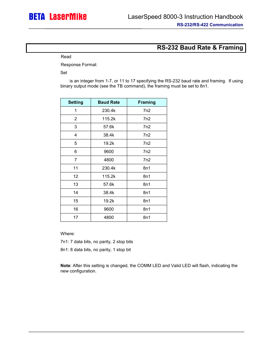 Jrs-232 baud rate & framing | Laser beta lasermike LS8000-3 User Manual | Page 128 / 221