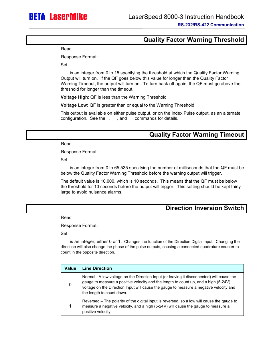 Quality factor warning threshold, Quality factor warning timeout, Adirection inversion switch | Laser beta lasermike LS8000-3 User Manual | Page 129 / 221