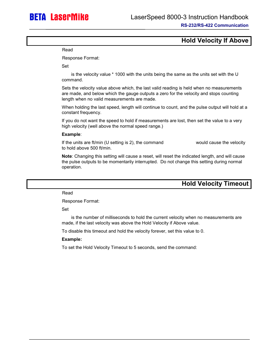 Bhold velocity if above, T hold velocity timeout | Laser beta lasermike LS8000-3 User Manual | Page 130 / 221