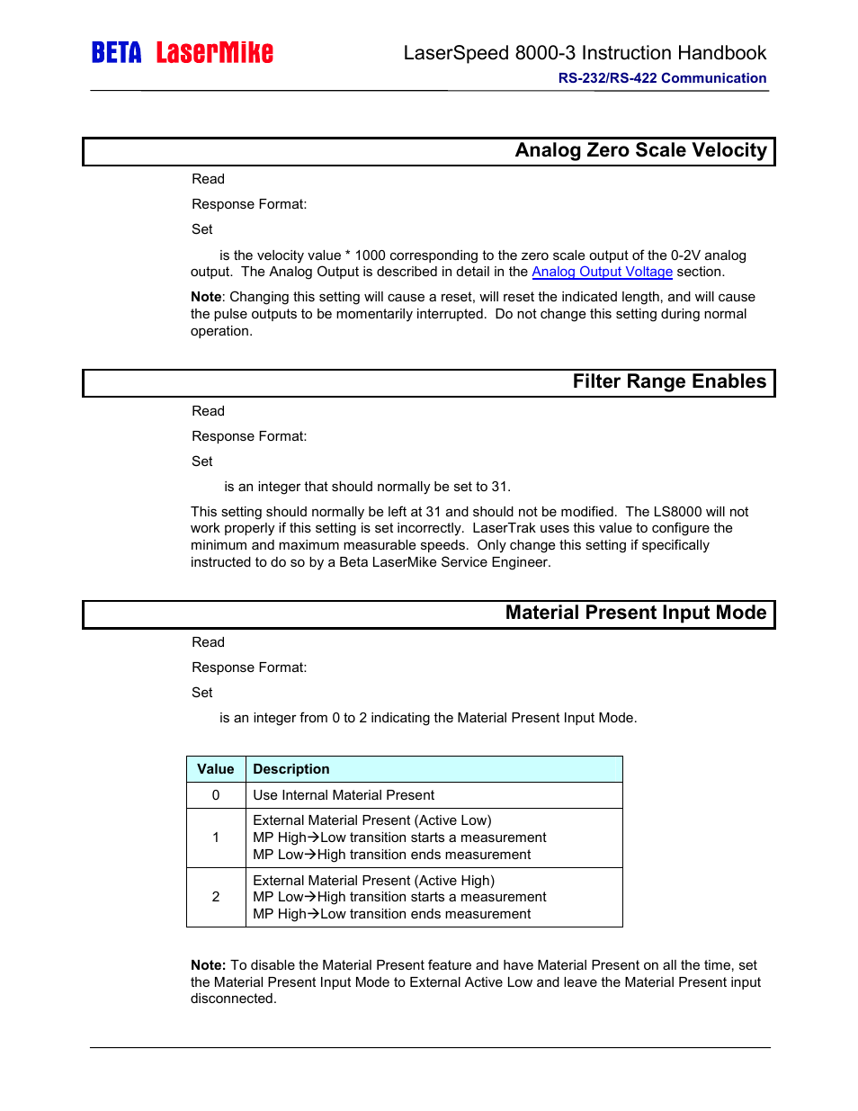 Nanalog zero scale velocity, Efilter range enables, Smaterial present input mode | Laser beta lasermike LS8000-3 User Manual | Page 132 / 221