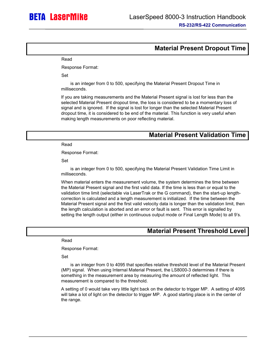 Fmaterial present dropout time, Gmaterial present validation time, Mmaterial present threshold level | Laser beta lasermike LS8000-3 User Manual | Page 133 / 221