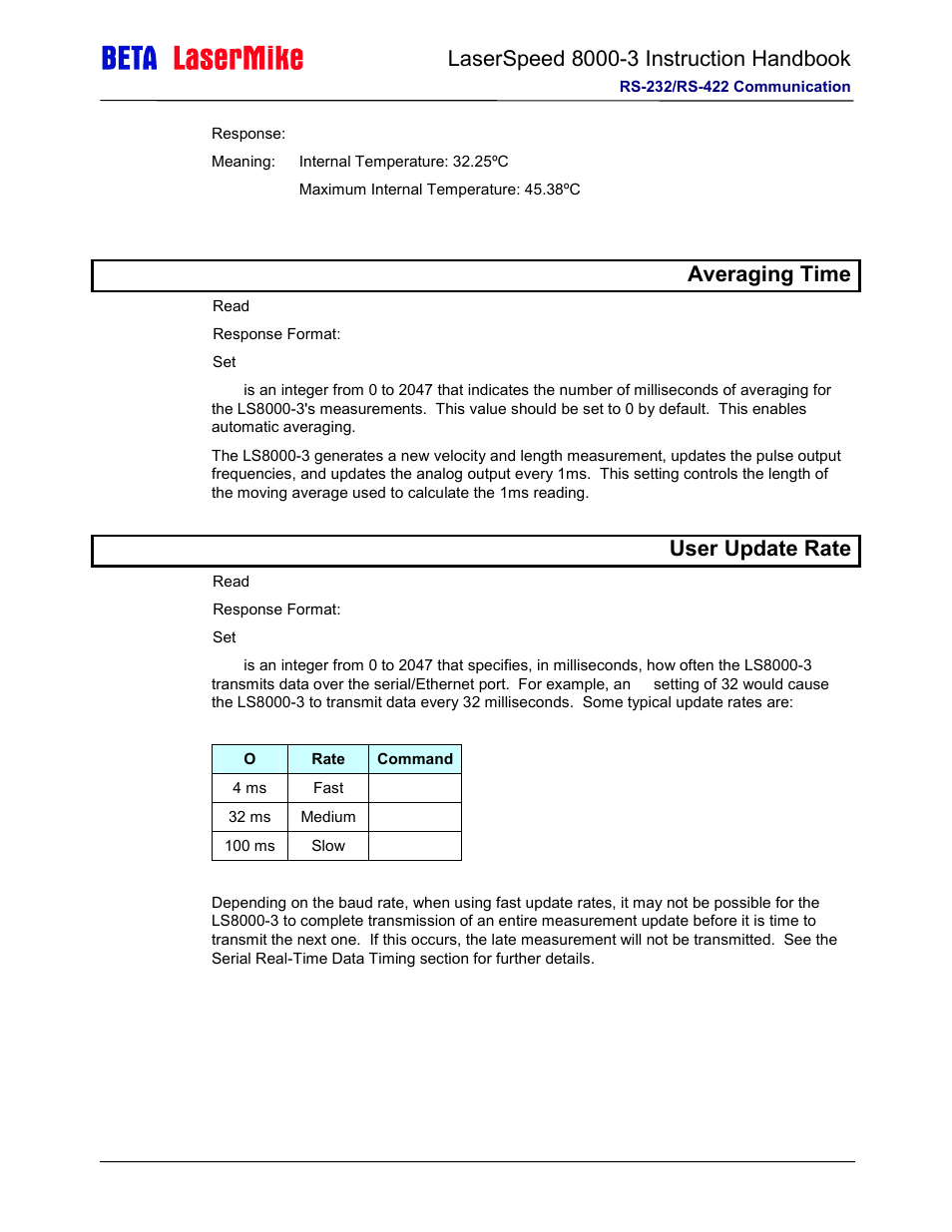 Kaveraging time, Ouser update rate | Laser beta lasermike LS8000-3 User Manual | Page 135 / 221