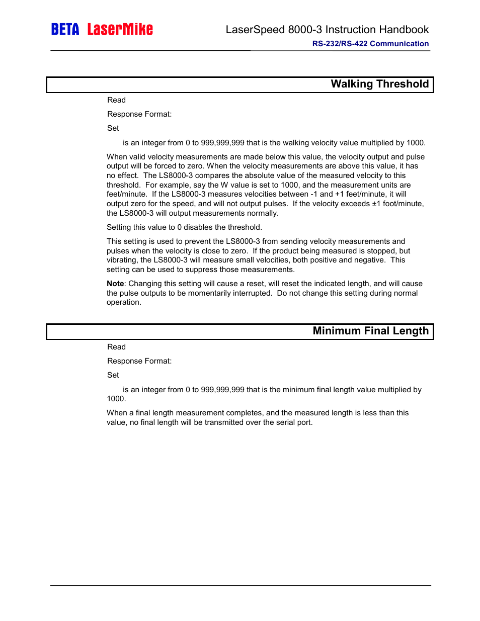 Wwalking threshold, Xminimum final length | Laser beta lasermike LS8000-3 User Manual | Page 139 / 221