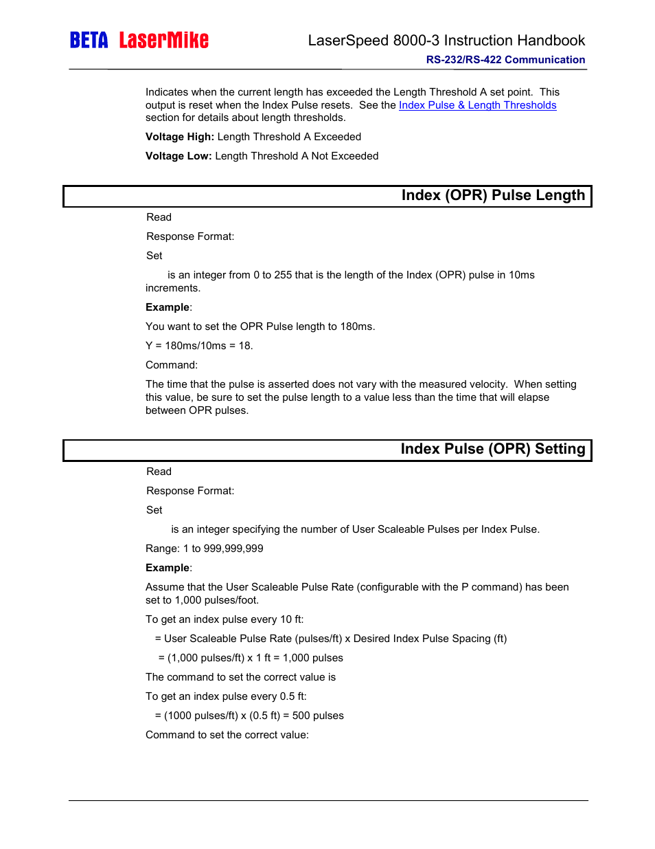 Yindex (opr) pulse length, Index pulse (opr) setting | Laser beta lasermike LS8000-3 User Manual | Page 142 / 221