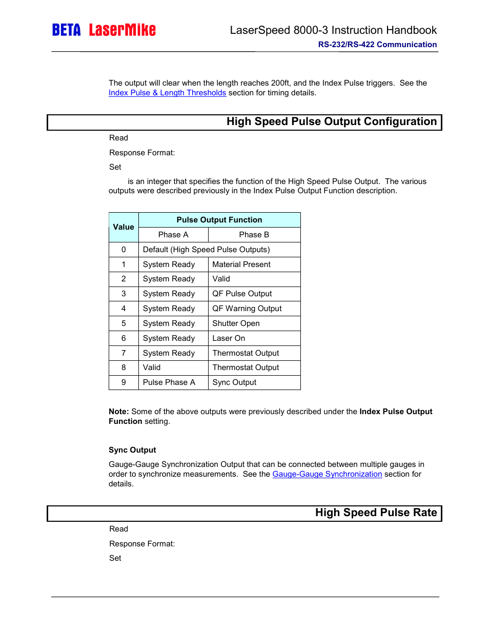 H high speed pulse output configuration, Lhigh speed pulse rate | Laser beta lasermike LS8000-3 User Manual | Page 144 / 221