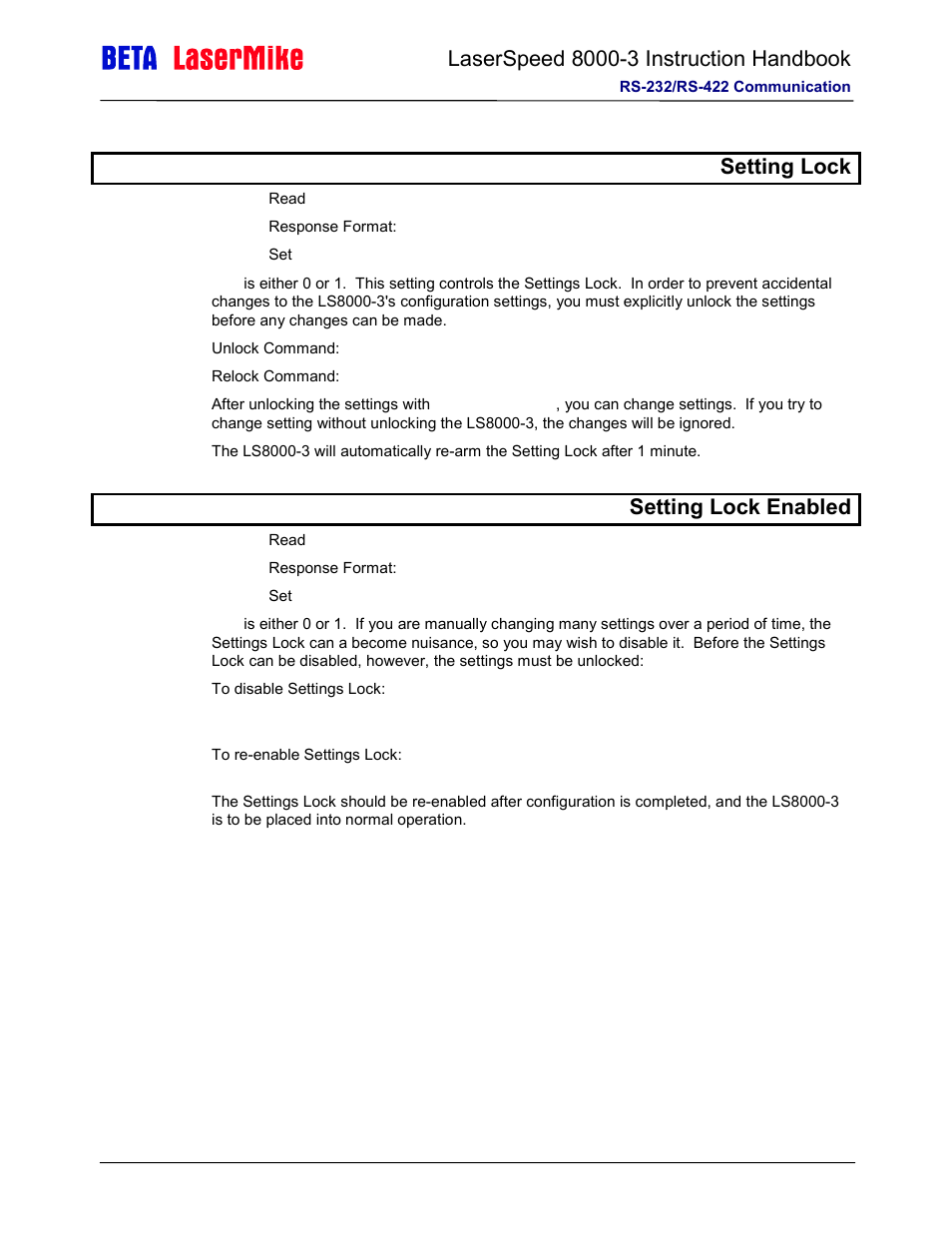 Locked setting lock, Locken setting lock enabled | Laser beta lasermike LS8000-3 User Manual | Page 149 / 221