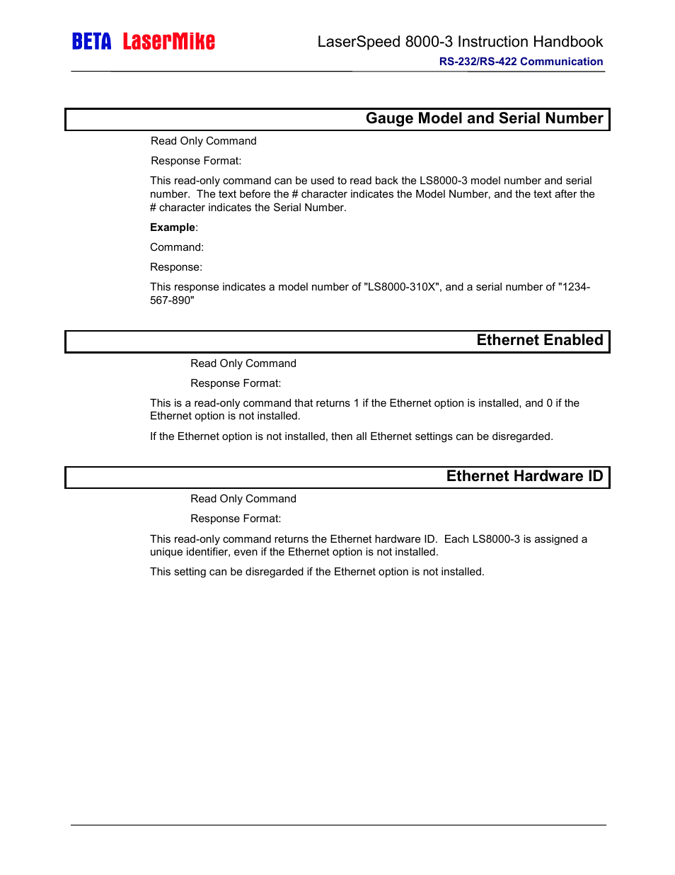 Ginfo gauge model and serial number, Ethernet ethernet enabled, Macid ethernet hardware id | Laser beta lasermike LS8000-3 User Manual | Page 150 / 221