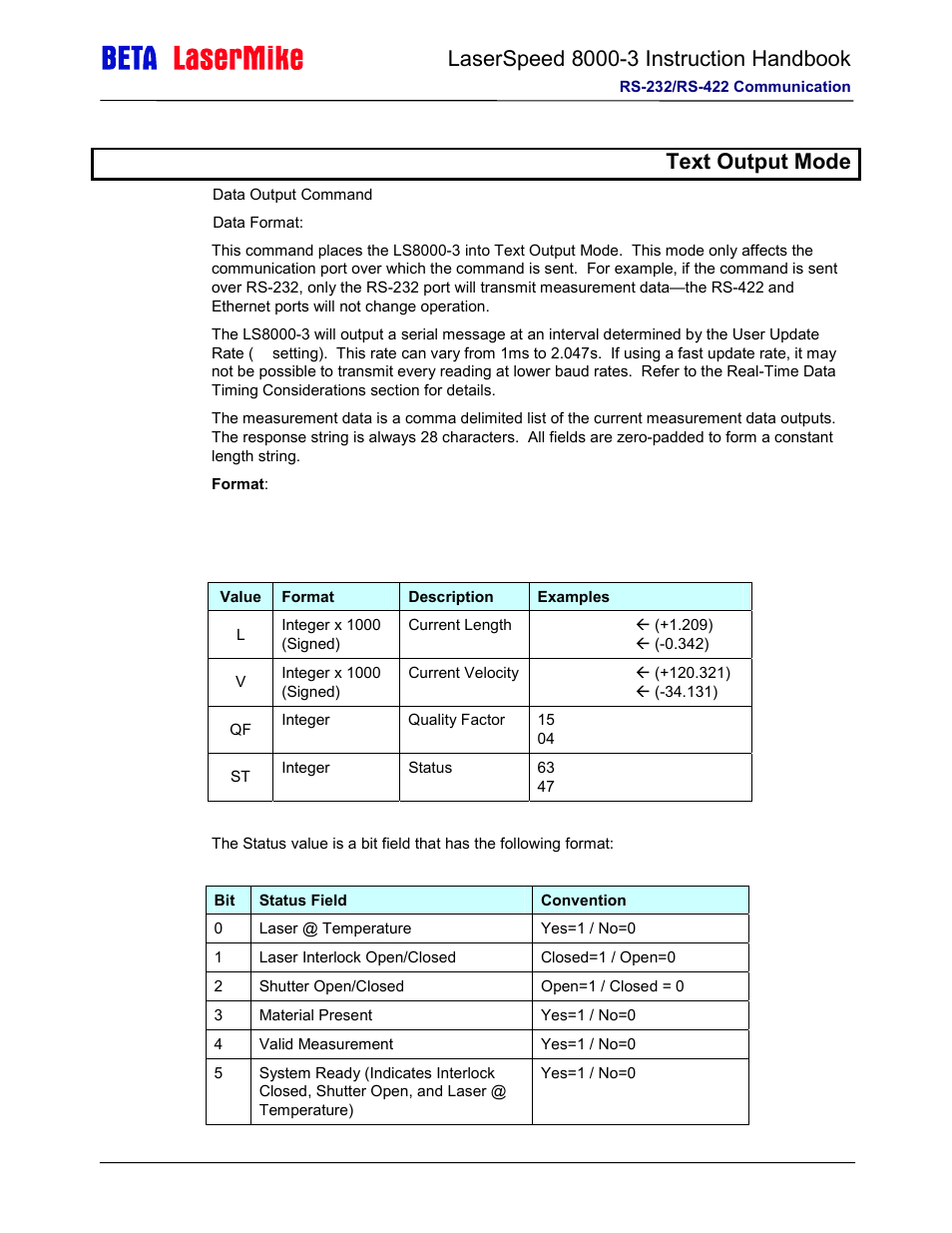 Te text output mode | Laser beta lasermike LS8000-3 User Manual | Page 155 / 221