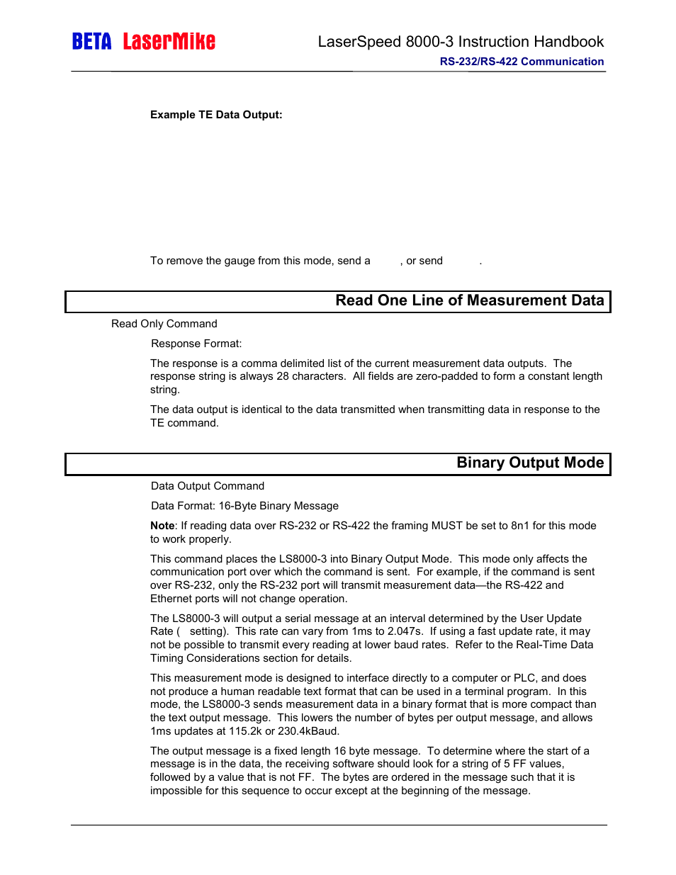 Vread one line of measurement data, Tb binary output mode | Laser beta lasermike LS8000-3 User Manual | Page 156 / 221