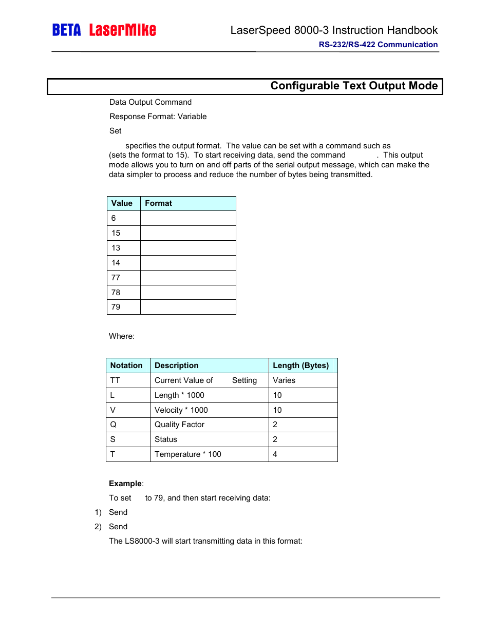 Tt configurable text output mode | Laser beta lasermike LS8000-3 User Manual | Page 158 / 221