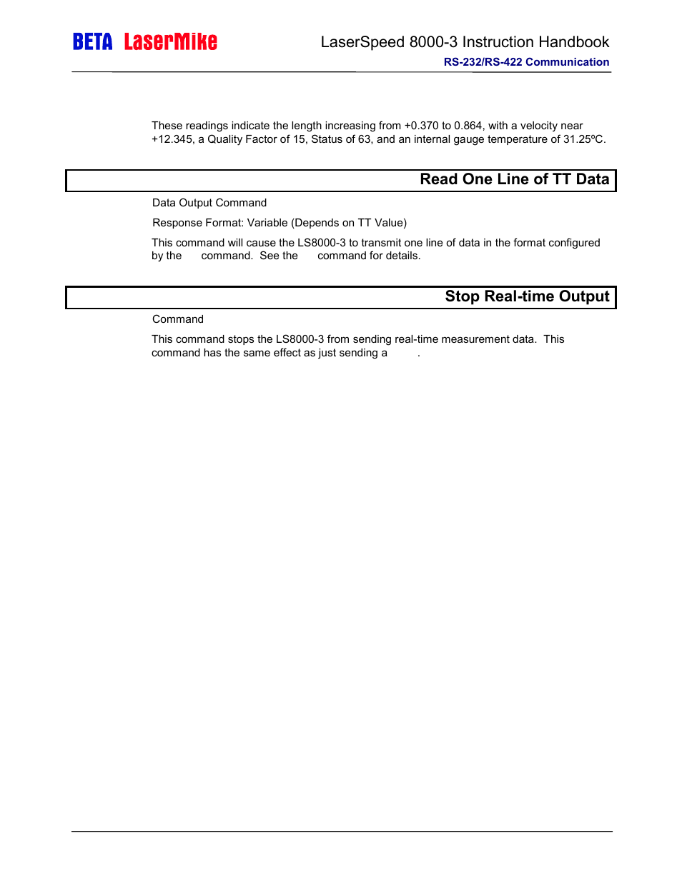 Tv read one line of tt data, Stop real-time output | Laser beta lasermike LS8000-3 User Manual | Page 159 / 221