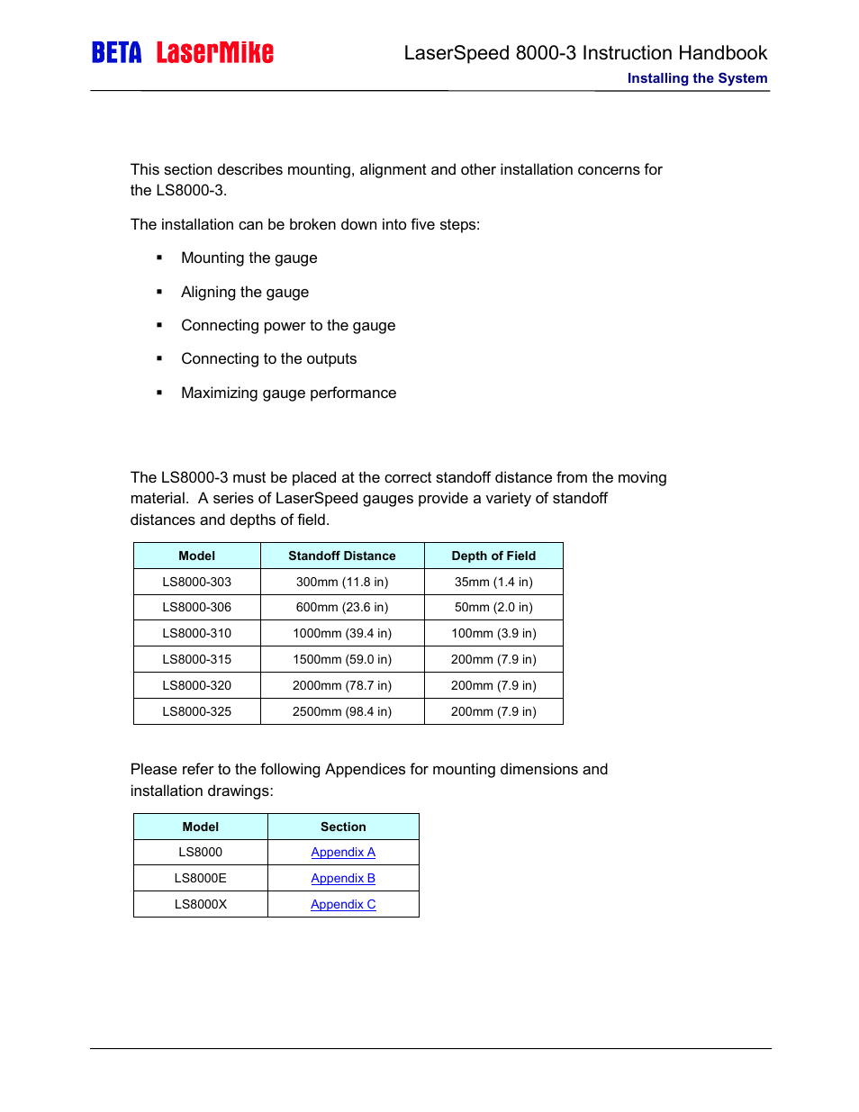 Installing the system, Mounting the gauge | Laser beta lasermike LS8000-3 User Manual | Page 16 / 221