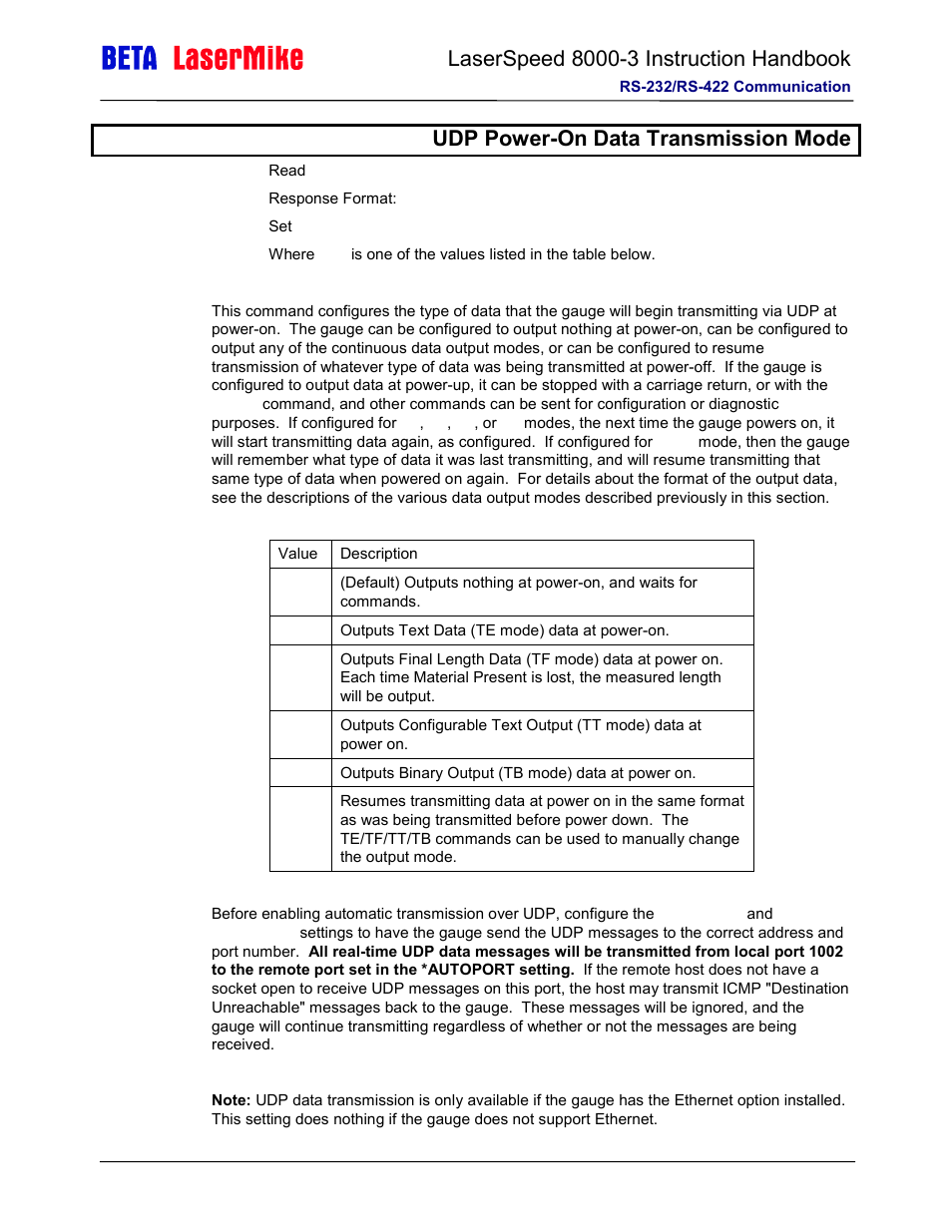 Autoudp udp power-on data transmission mode | Laser beta lasermike LS8000-3 User Manual | Page 162 / 221