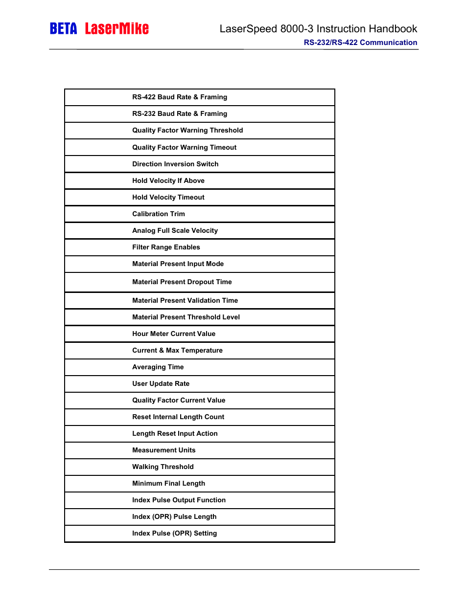 Communication protocol: command list | Laser beta lasermike LS8000-3 User Manual | Page 165 / 221