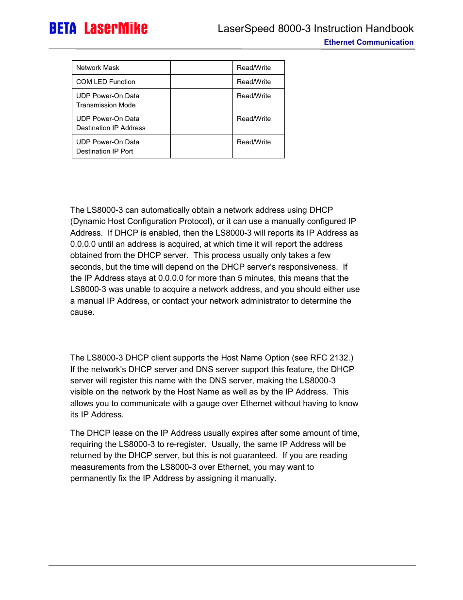 Ip address configuration, Dhcp | Laser beta lasermike LS8000-3 User Manual | Page 168 / 221