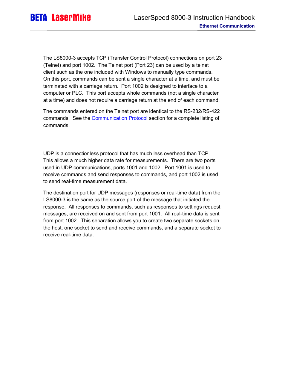 Tcp communications, Udp communications | Laser beta lasermike LS8000-3 User Manual | Page 173 / 221