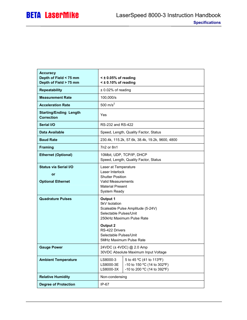 Specifications, General specifications | Laser beta lasermike LS8000-3 User Manual | Page 184 / 221