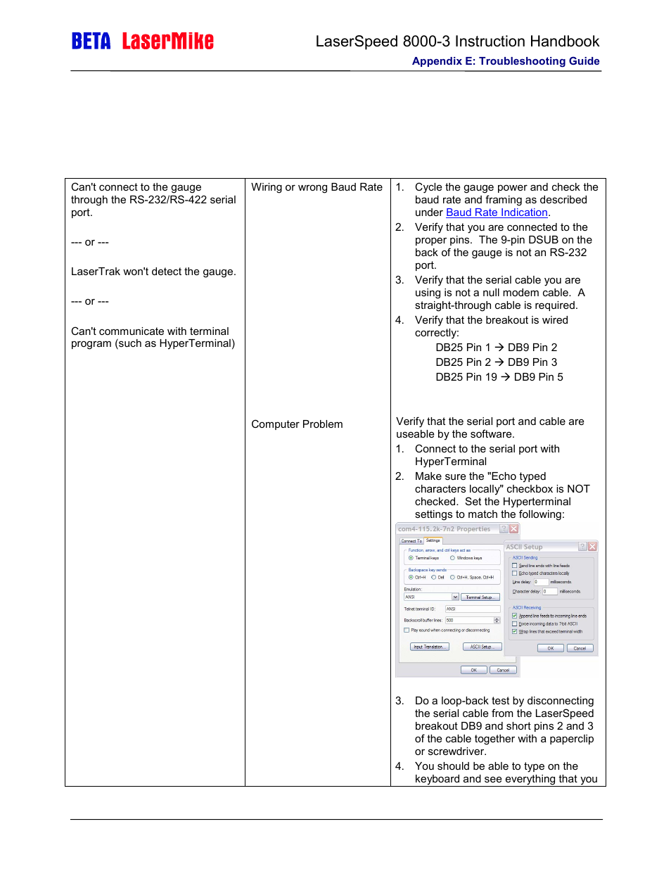 Appendix e: troubleshooting guide, Communications | Laser beta lasermike LS8000-3 User Manual | Page 205 / 221