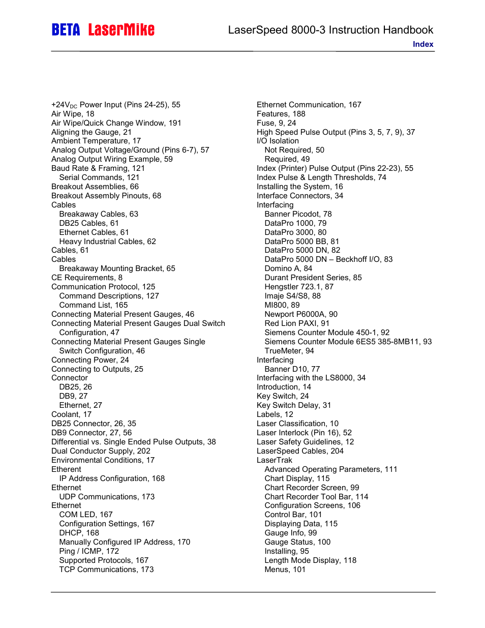 Index | Laser beta lasermike LS8000-3 User Manual | Page 220 / 221