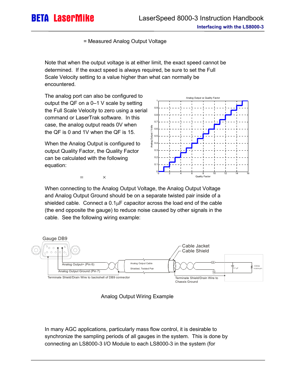 15 × = voltage tor qualityfac, Measurement synchronization input (pins 8-9), Voltage = measured analog output voltage | Analog output wiring example | Laser beta lasermike LS8000-3 User Manual | Page 59 / 221