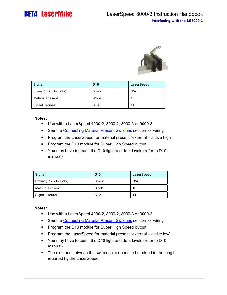 Banner d10 through beam switch | Laser beta lasermike LS8000-3 User Manual | Page 77 / 221