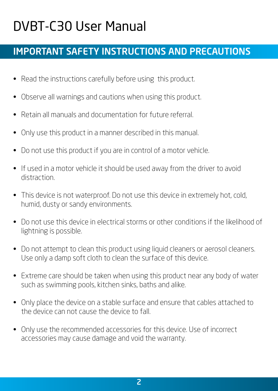Dvbt-c30 user manual, Important safety instructions and precautions | Laser DVBT-C30 User Manual | Page 2 / 20
