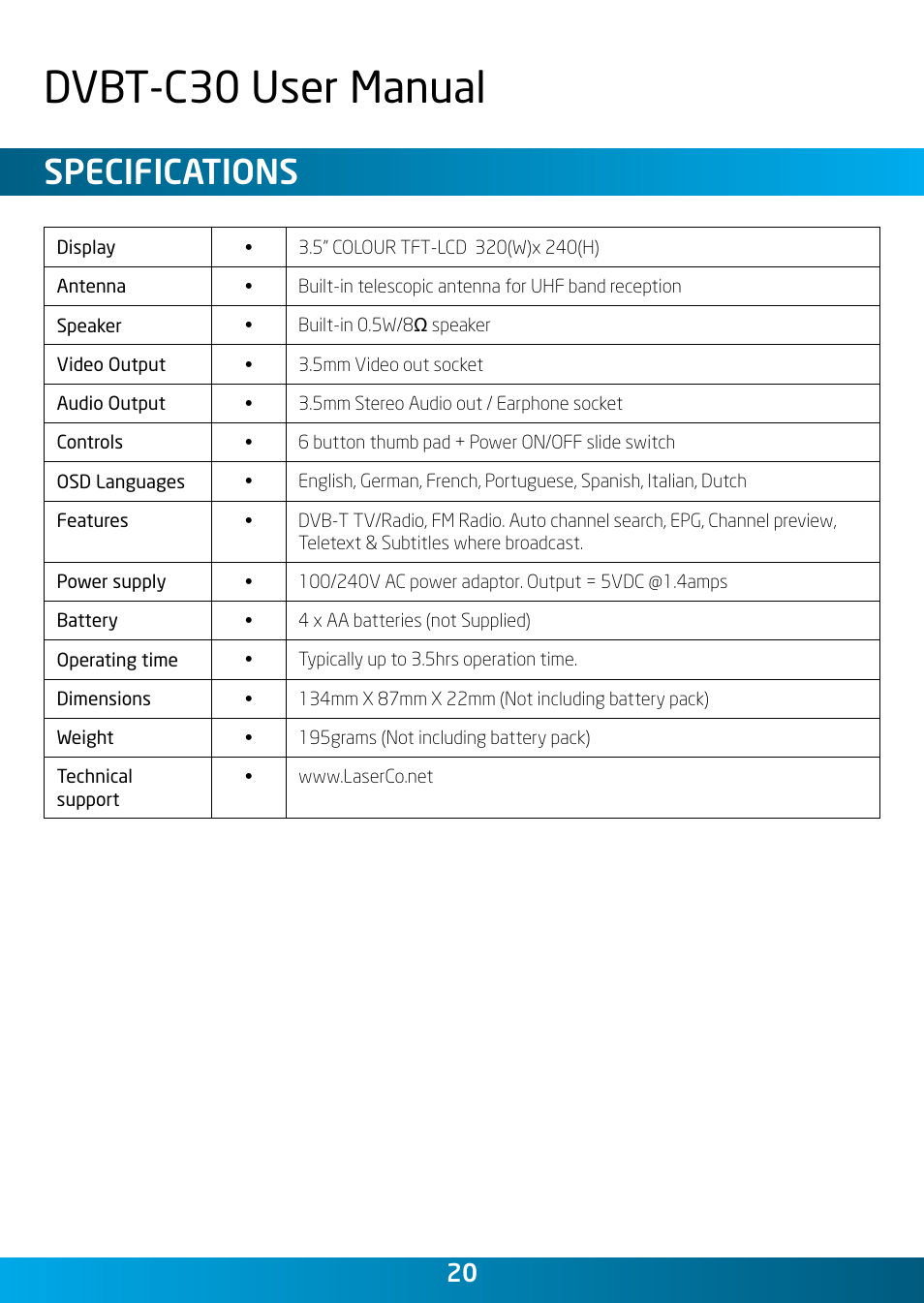 Dvbt-c30 user manual, Specifications | Laser DVBT-C30 User Manual | Page 20 / 20