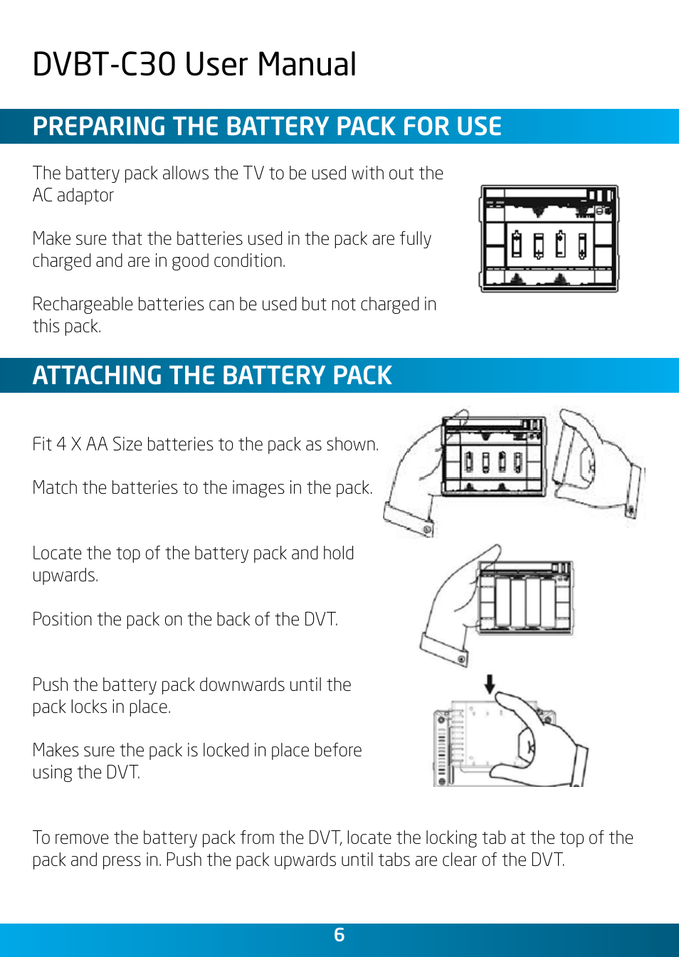 Dvbt-c30 user manual, Preparing the battery pack for use, Attaching the battery pack | Laser DVBT-C30 User Manual | Page 6 / 20
